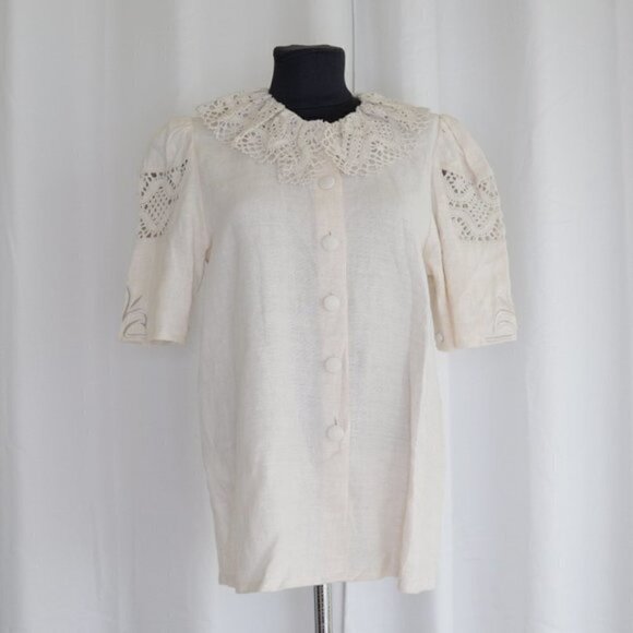 Vintage 1970s Boho Crochet Bib Collar Linen Blouse Sz M - Picture 2 of 9